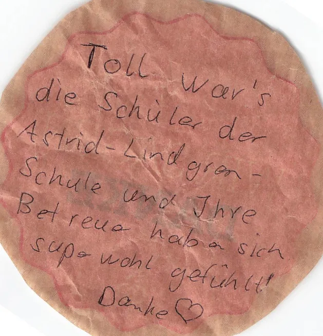 Handschriftliche Gästenotiz Astrid-Lindgren-Schule