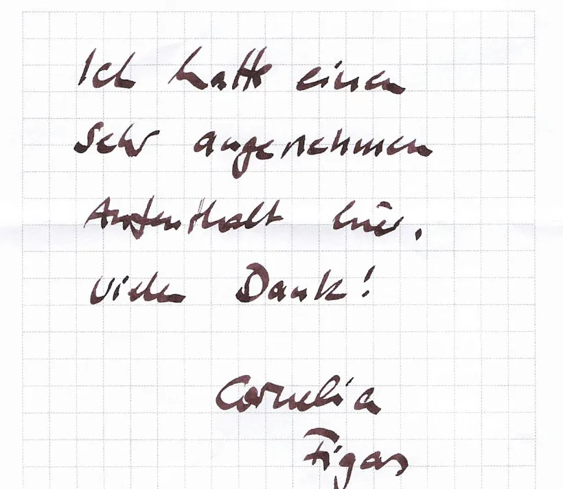 Handschriftliche Gästenotiz von Cornelia Figas