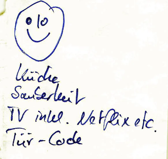 Handschriftliche Gästenotiz: Küche, Sauberkeit, TV inkl. Netflix, Tür-Code